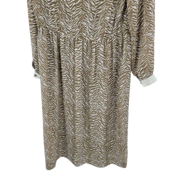 Vtg 70s Tan Zebra Long Sleeve Collared Midi Dress Sz S Sheer Modest Church - Picture 9 of 10